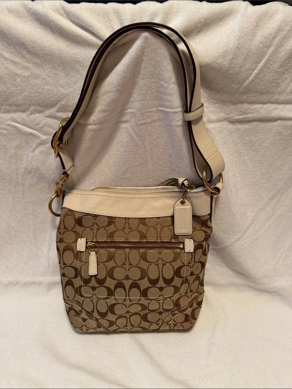 Coach Brown Signature Canvas Shoulder Bag with Ivory  Trim